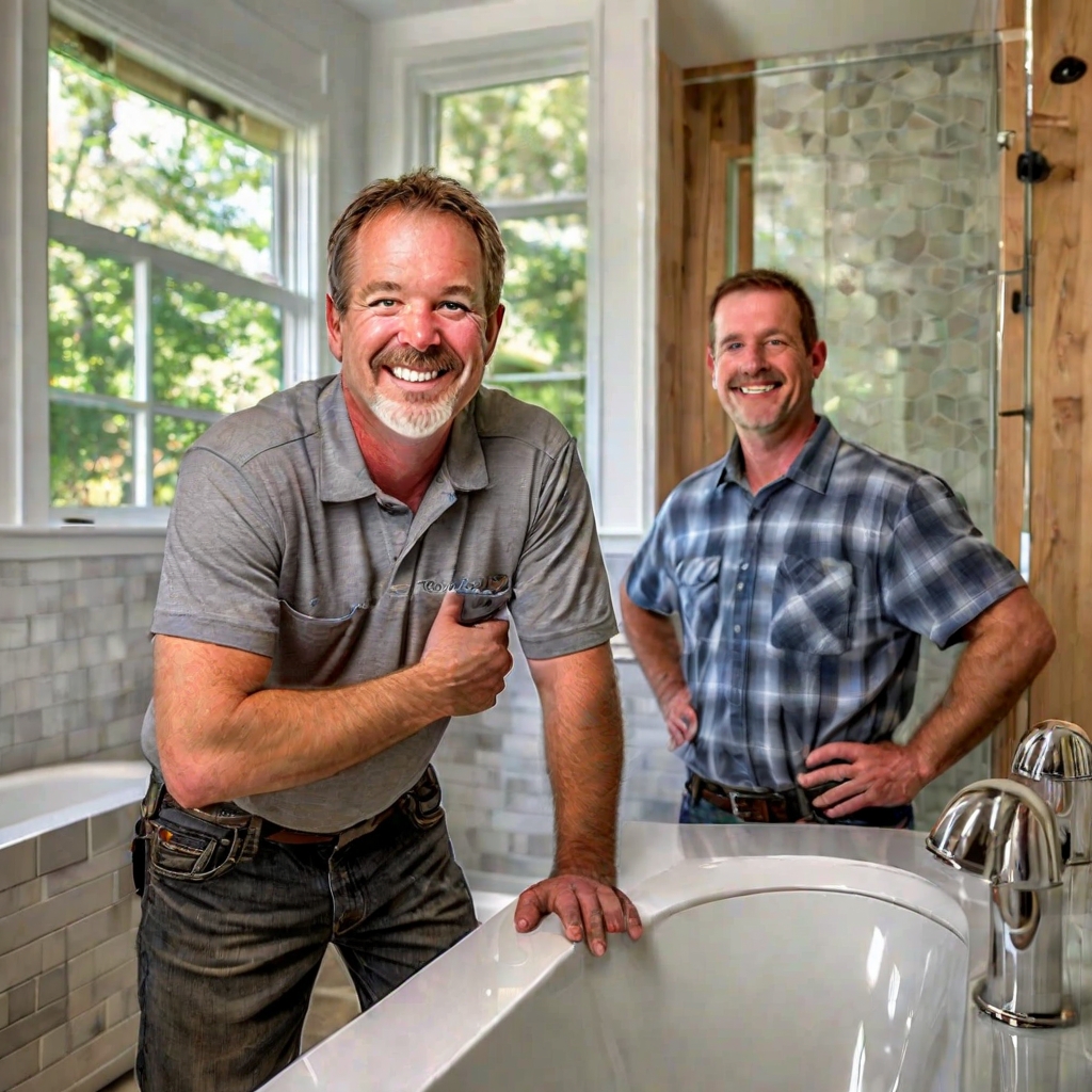 Local bathroom remodeling contractor team portrait with authentic professional environment