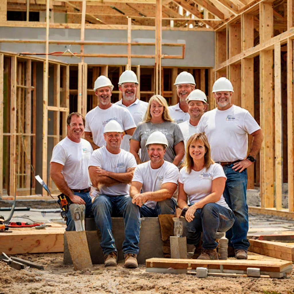 Top foundation repair construction professionals at completed project with modern residential background