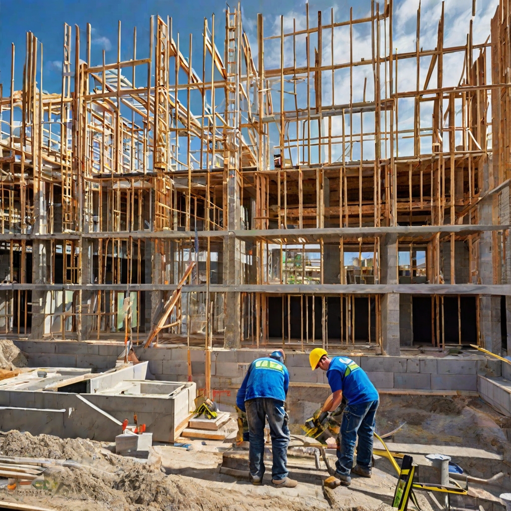 Professional foundation repair business scene with modern construction site and skilled workers