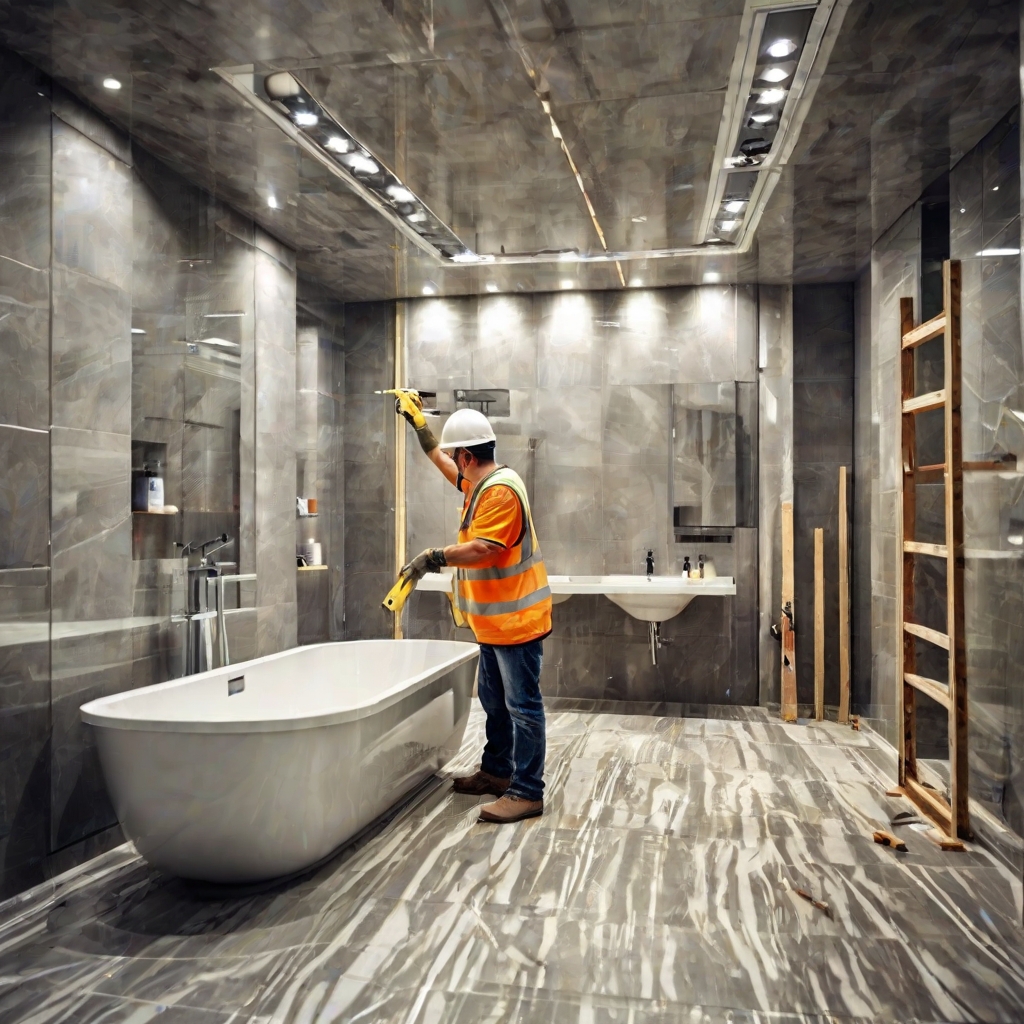 Professional bathroom remodeling scene with clean worksite and craftsmanship