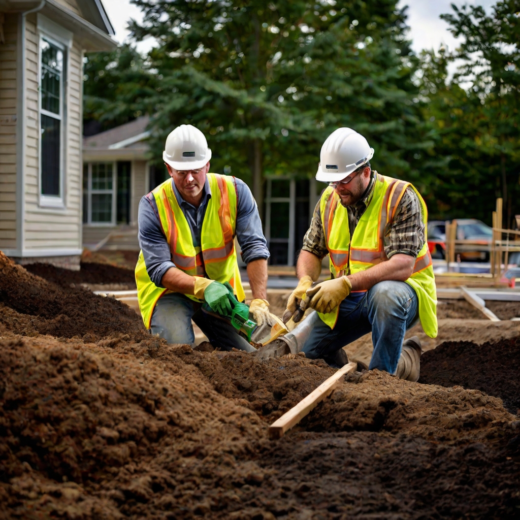 Quality landscaping professional team collaborating on residential project