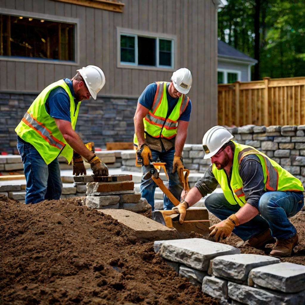 Expert hardscaping team working on residential project with professional attire