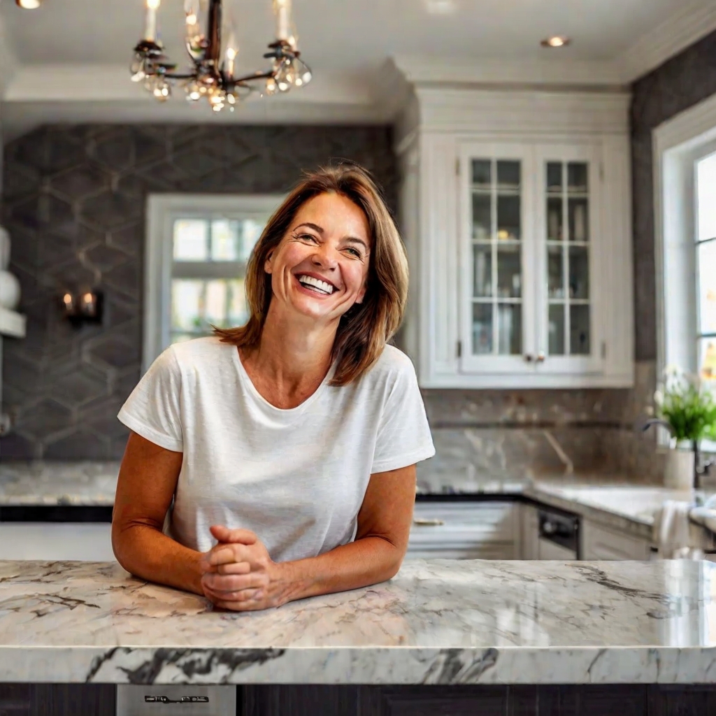 Trusted kitchen remodeling testimonial with satisfied homeowner in beautifully renovated space